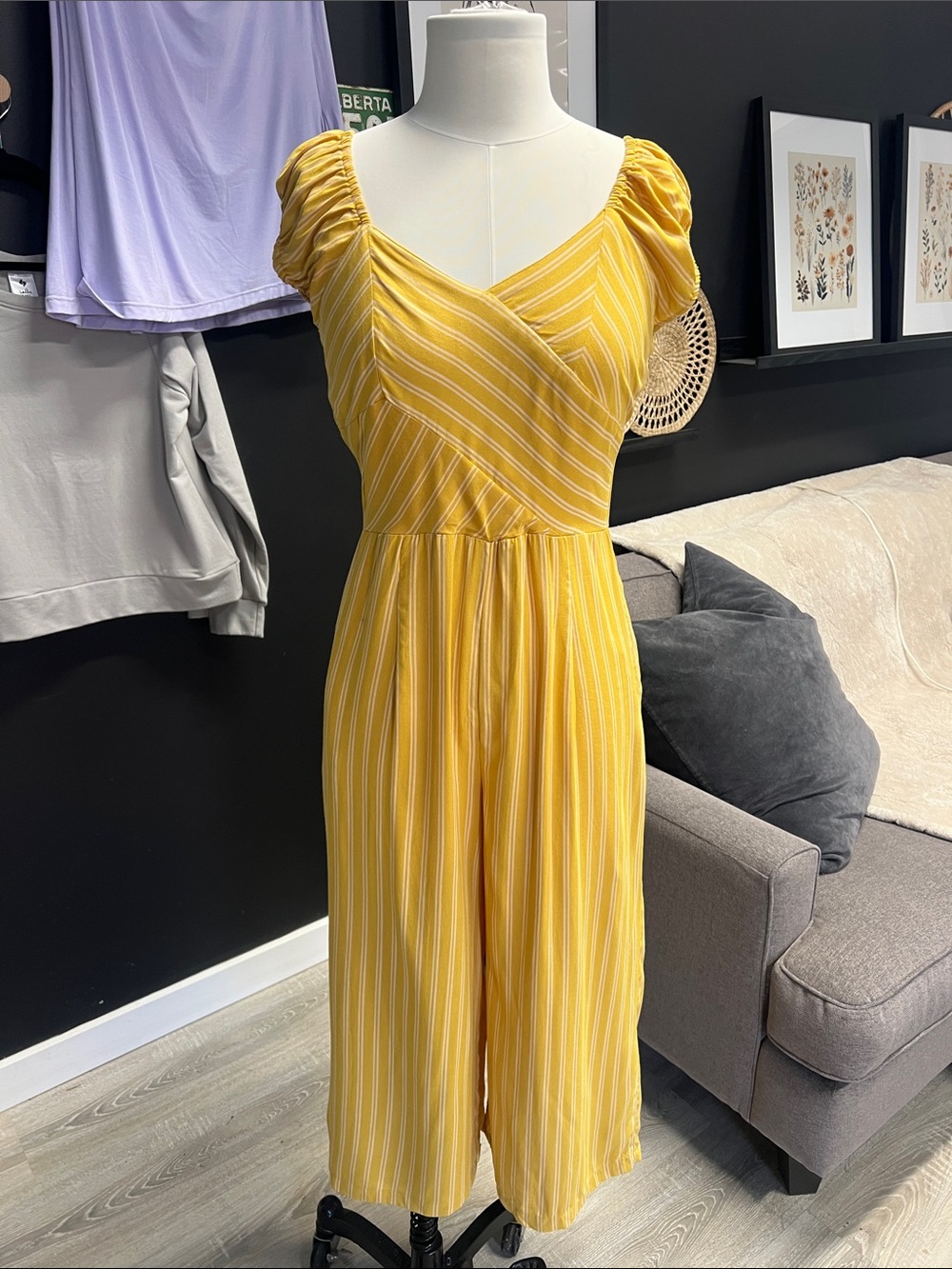 Angie Yellow Striped Wrap-Style Jumpsuit with pockets, Capri legnth